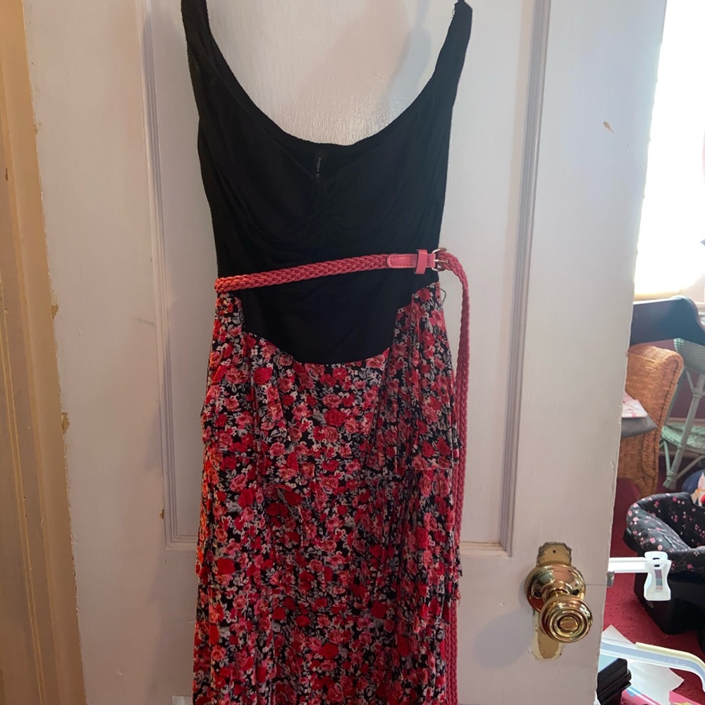 Strapless Floral Dress with Pink Belt